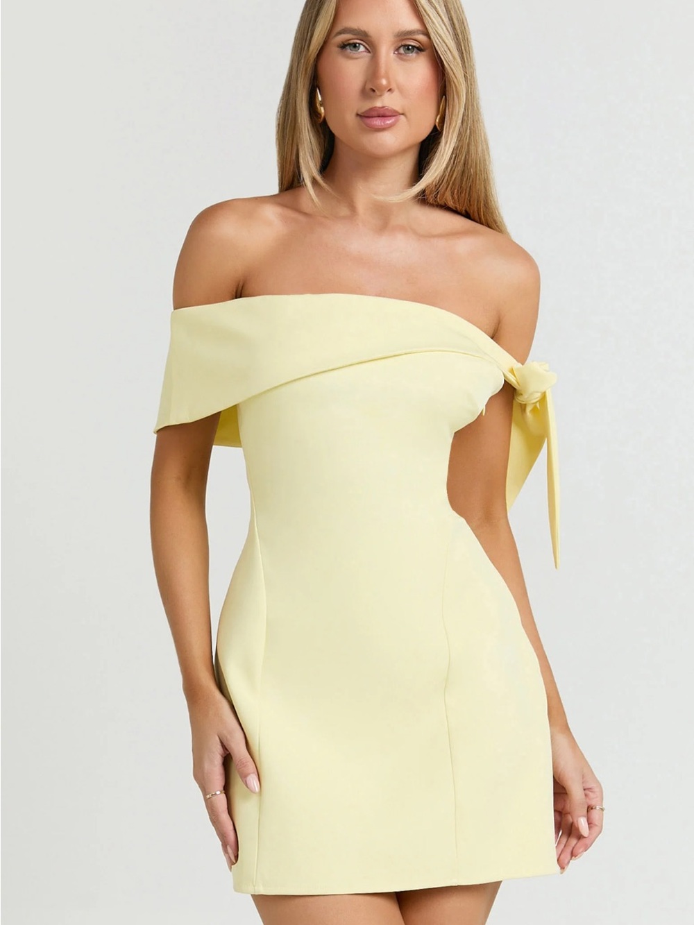 Showpo Cecilia Off-Shoulder Mini Dress in Lemon Yellow - Picture 2 of 4